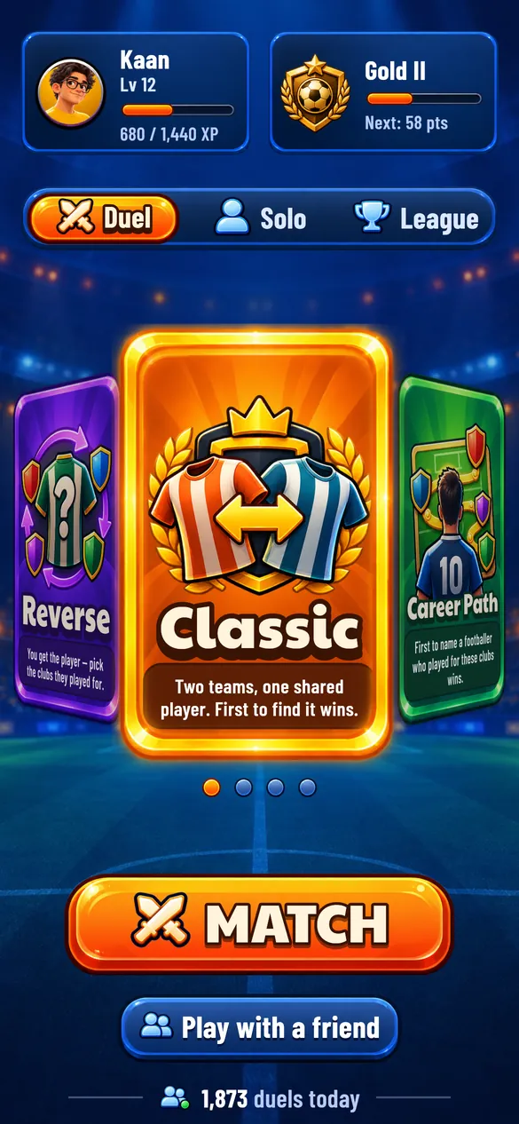Linkup XI home screen: Classic mode card and Match button