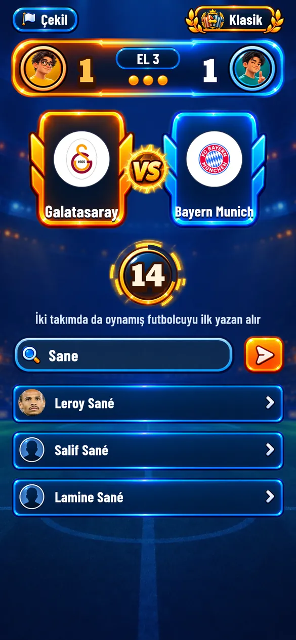 Yarış ekranı: iki kulüp ve oyuncu arama kutusu